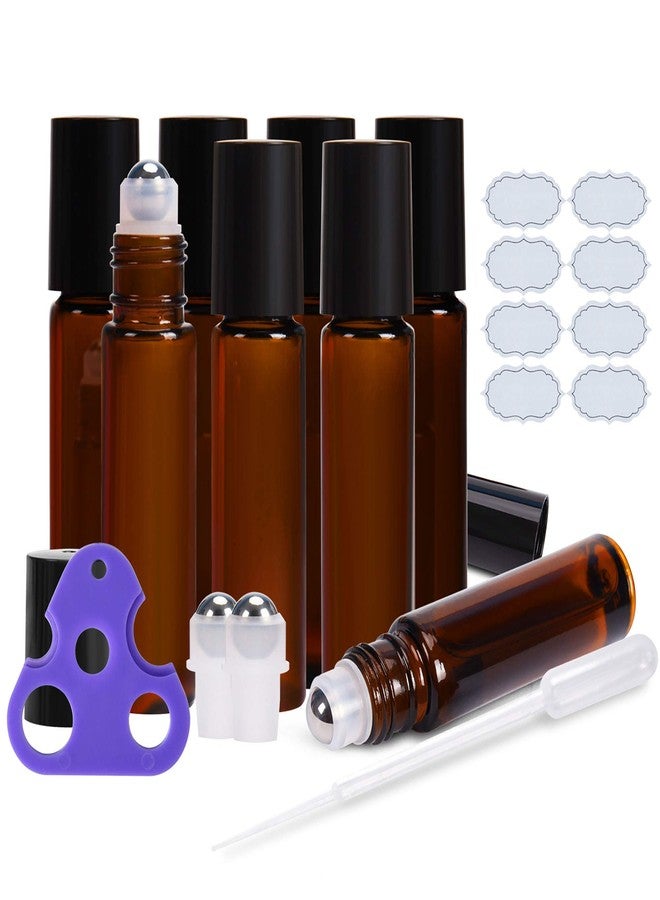 ULG Roll on Bottles 10ml Amber Glass Empty Bottles 8 Piece with Stainless Steel Roller Ball 2 Extra Balls 8 Piece Waterproof Labels 1 Opener and 3ml Dropper for Essential Oils - Image 1